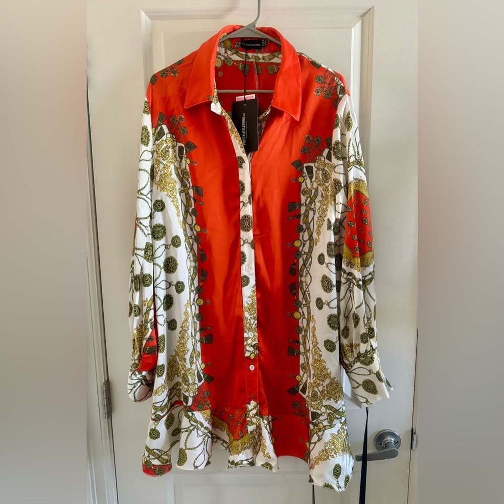 NWT Pretty Little Things Women’s Orange Long Sleeve Button Up Dress US Size 12